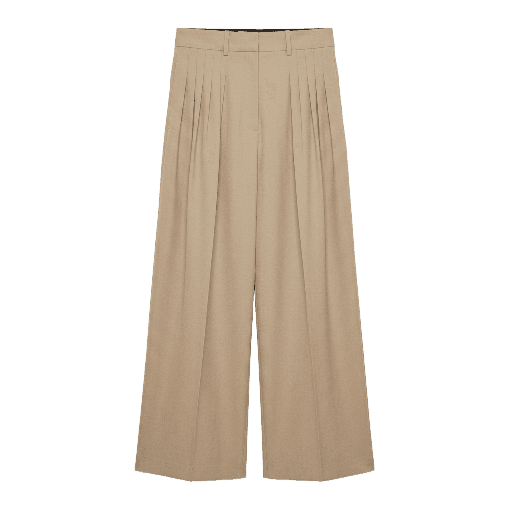 Beige Wide-Leg Pleated Pants