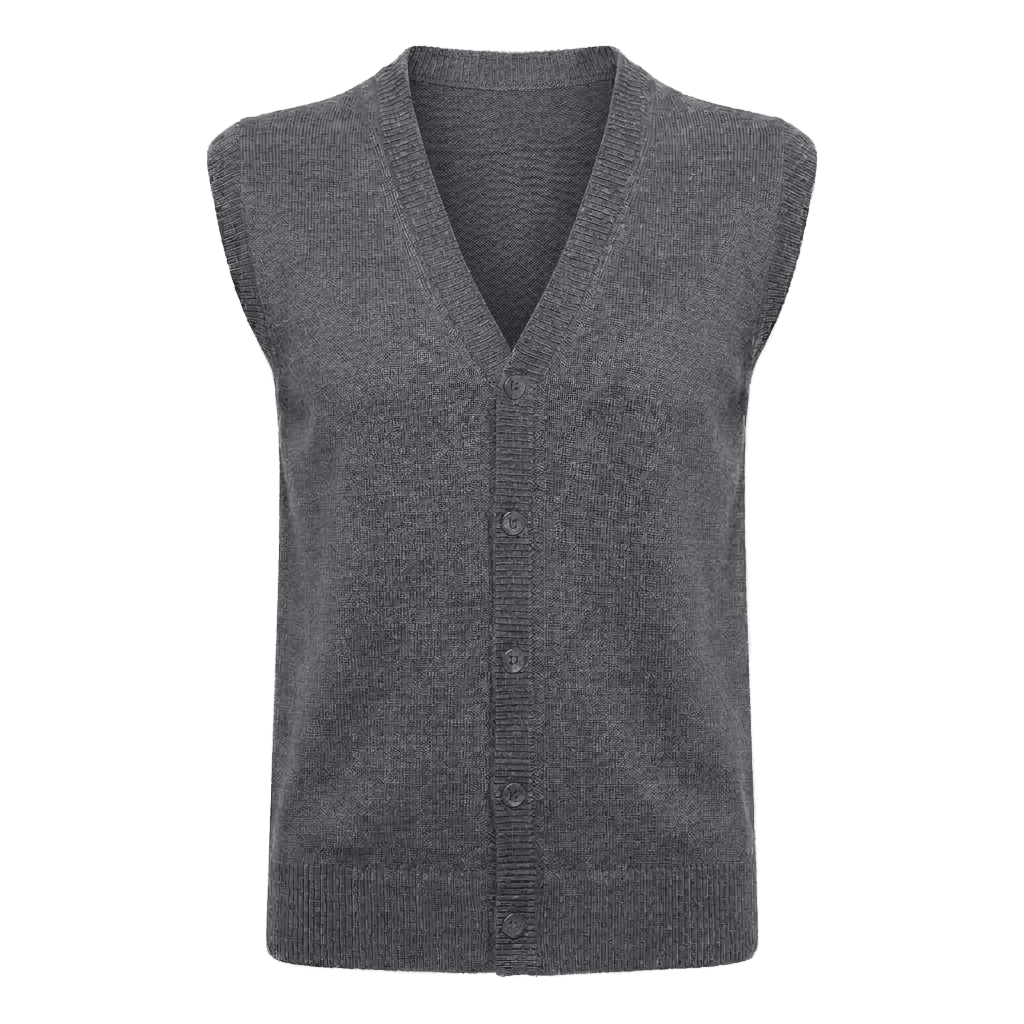 dark charcoal grey v-neck button sweater vest.