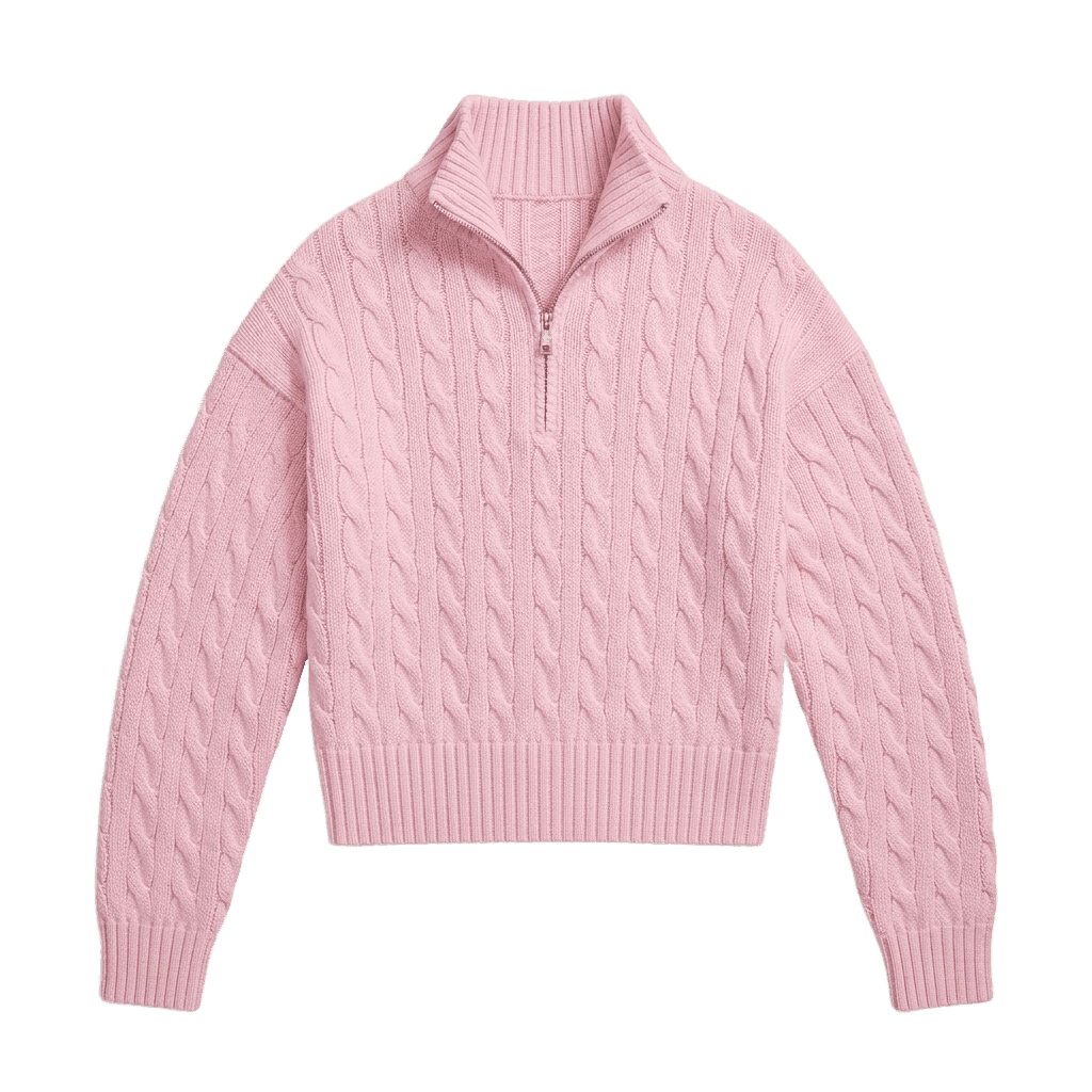Pink Cable Knit Quarter-Zip Sweater